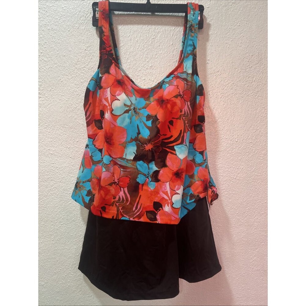 Maxine of Hollywood One Piece Swim Suit 16 Brown Floral Tropical Print Built Bra
